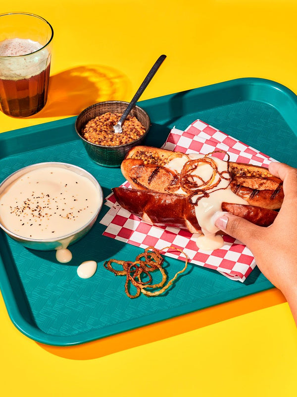 Grilled Cheddar Bratwurst with Beer Mustard and Fried Onions
