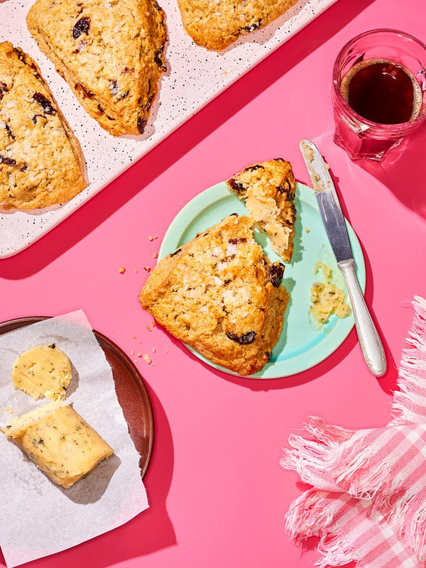 Sour Cherry Scones with Brown Sugar and Rosemary Compound Butter