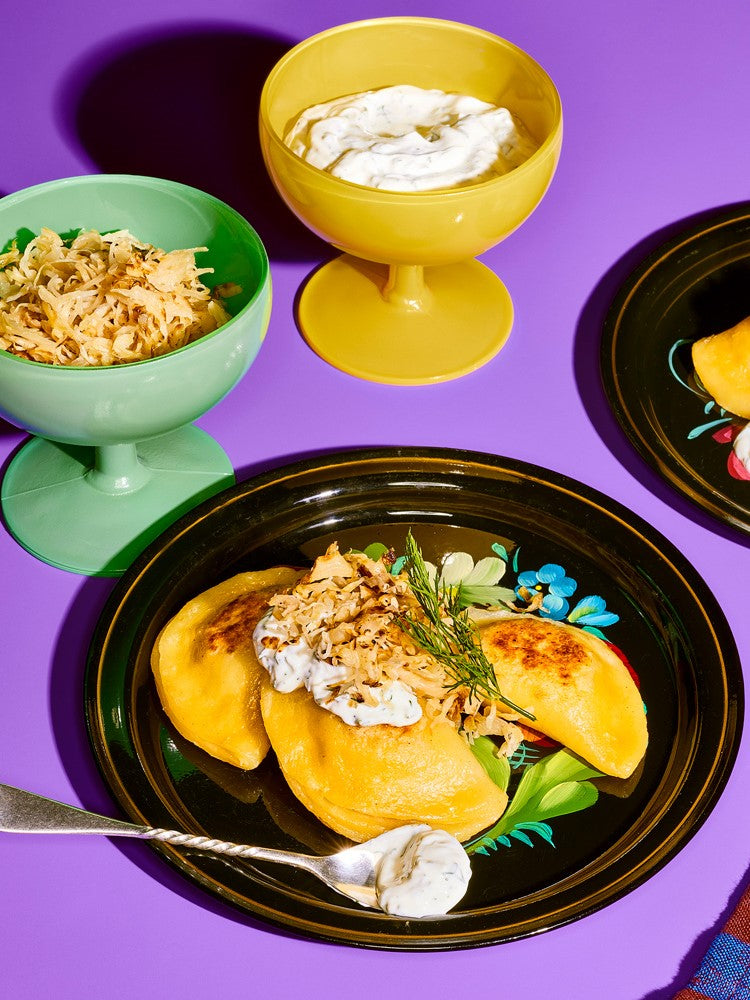 Pierogies with Caramelized Kraut and Lemon Dill Yogurt 