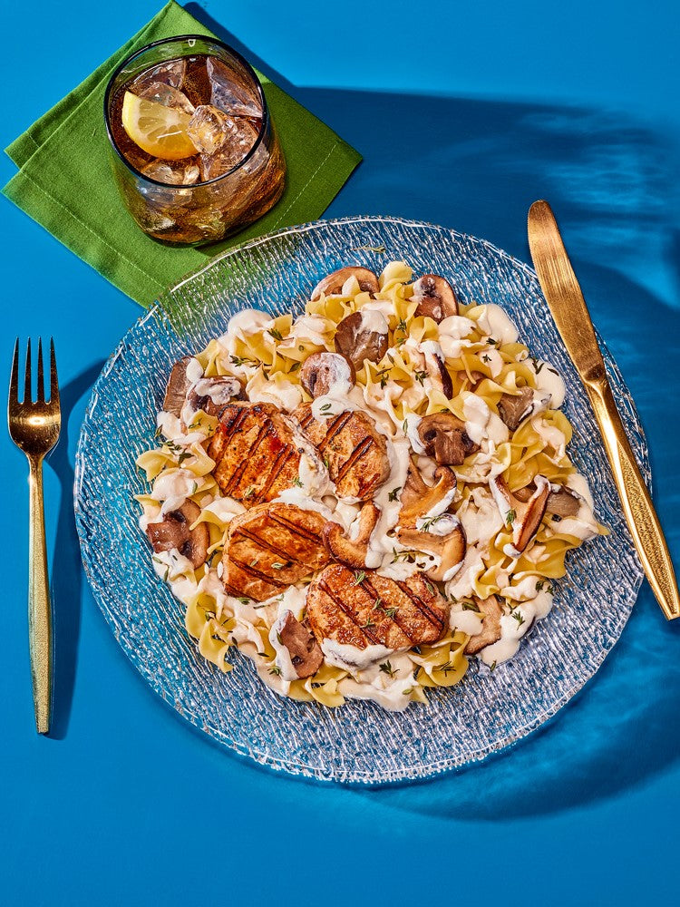 Creamy Mushroom Grilled Pork Loin with Egg Noodles 