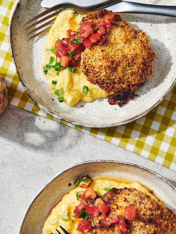 Oven-Fried Chicken with Cheddar-Scallion Polenta and Fresh Tomato Salsa
