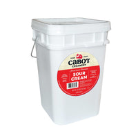 White bucket of Cabot Creamery sour cream on a white background